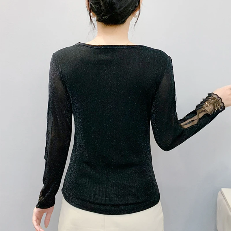 2025,New,Spring,European,Clothes,Mesh,T-Shirt,Chic,Sexy,V-Neck,Patchwork,Lace,Diamonds,Women,Tops,Long Sleeve,Drilling,Tees,5803