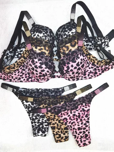 Imagen 2 del producto Conjunto de sujetador Sexy con diamantes de imitación para mujer, Bralette de encaje de leopardo, ropa interior para niñas, sujetador, Tanga de moda, sujetadores, lencería, conjuntos de bragas