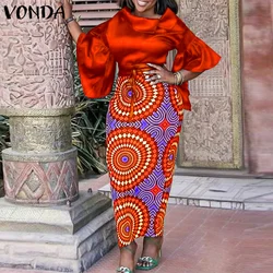 VONDA-Conjunto de Vestido de satén con manga acampanada y solapa para mujer, traje elegante con estampado bohemio, informal, holgado, Vintage, 2 piezas, 2024