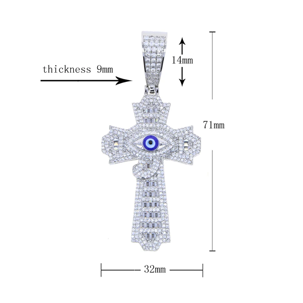 Iced Out Cross Necklace for Men Prong Setting Cubic Zirconia Silver Color Eye Pendant Hip Hop Jewelry