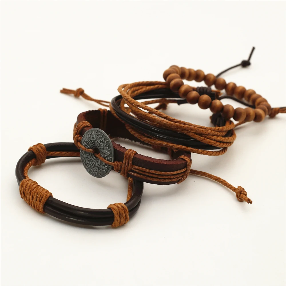 WESTBULL 4 Pcs/Set Vintage Khaki Brown Leather Bracelets Men Tree Feather Charm Wrap Bangles Homme Gift Jewelry