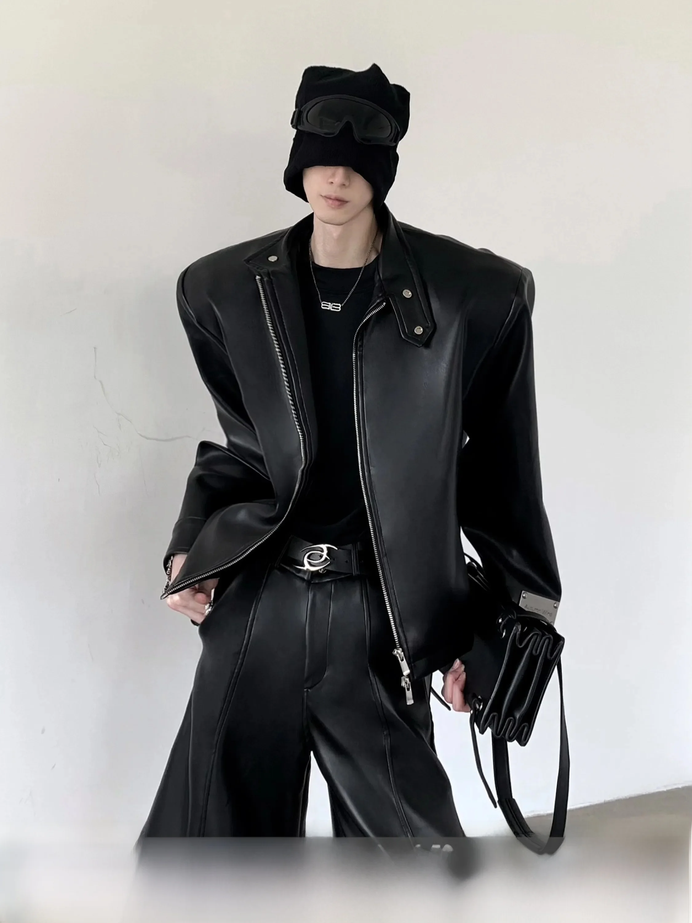 Fashionable Black Leather Jacket Men's Biker Style Shoulder Padded Coat Trendy Streetwear Autumn Season Casual Youthful Energy