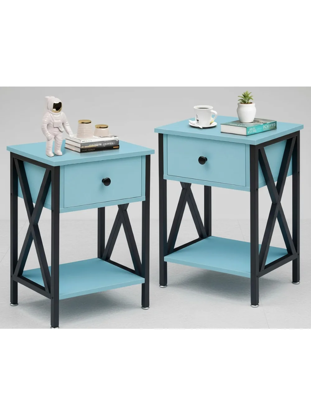 

Modern Nightstand Set of 2 with Drawer & Shelf, Industrial Metal Frame Bedside Table for Living Room Bedroom