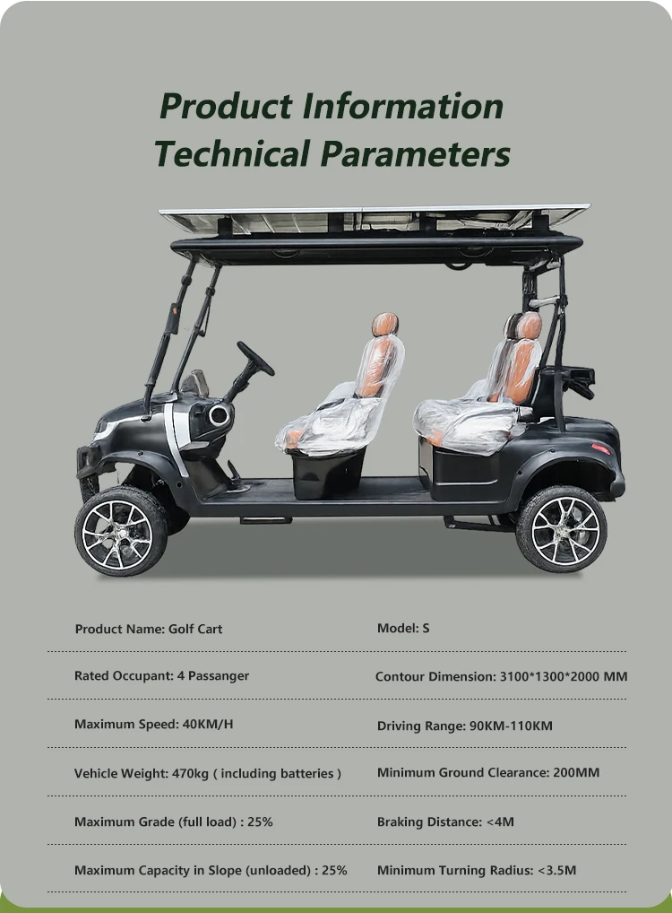 New Model 4 Seat Electric Golf Cart Solar Panels 5KW AC Motor 90km Range Luxury Interior 72V Lithium Battery CE Approved