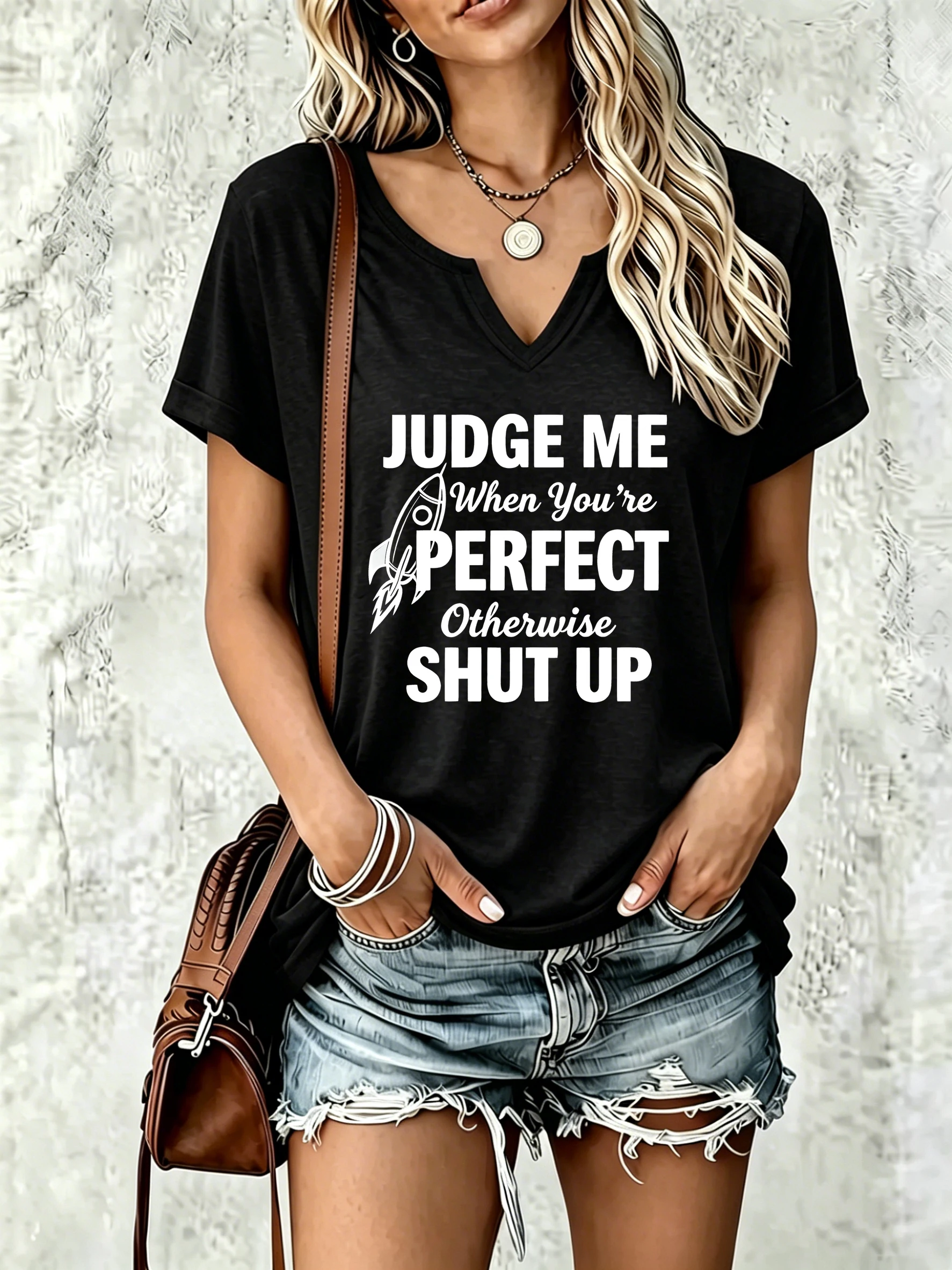 Women's V Neck Short Sleeve T-Shirt, Judge Me When You're Perfect Slogan Rocket Graphic Tee, Casual Wear Summer Tops For Women,