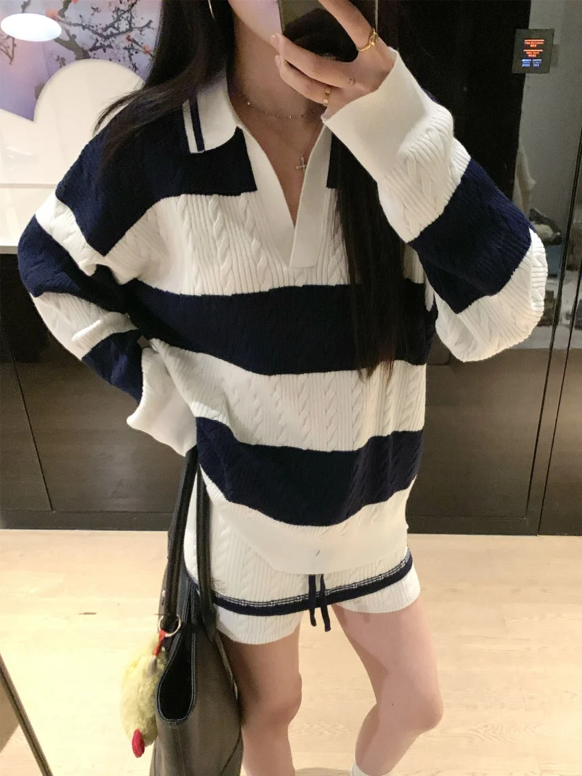 

Тонкий трикотаж Alien Kitty, женские костюмы из двух предметов, уличные осенние винтажные пуловеры, нежные свитера, повседневные шорты, офисные женские