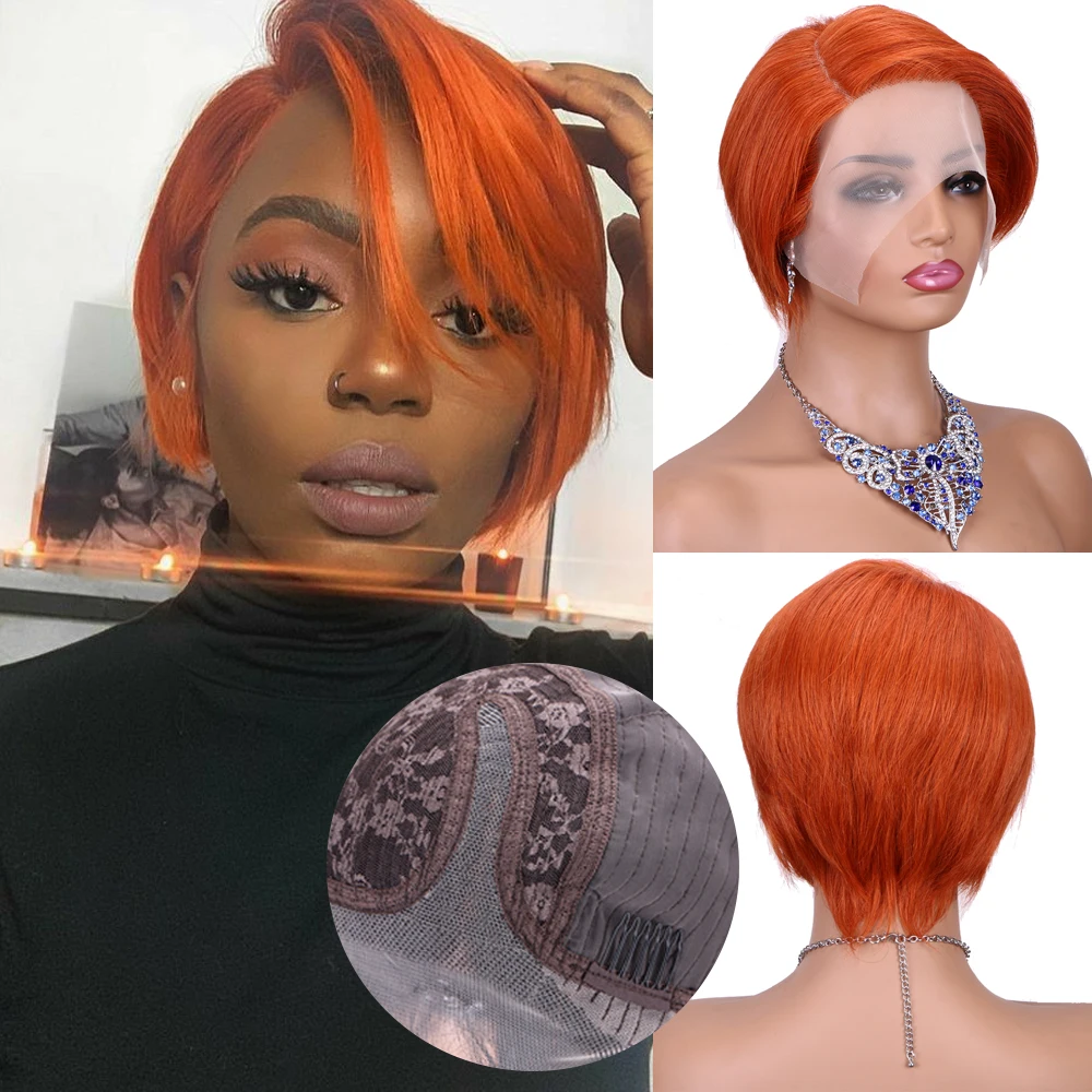 

Orange Lace Front Human Hair Wig Short Straight Human Hair Side Part Fashion Colorful Human Hair for Women Cosplay Party Wigs