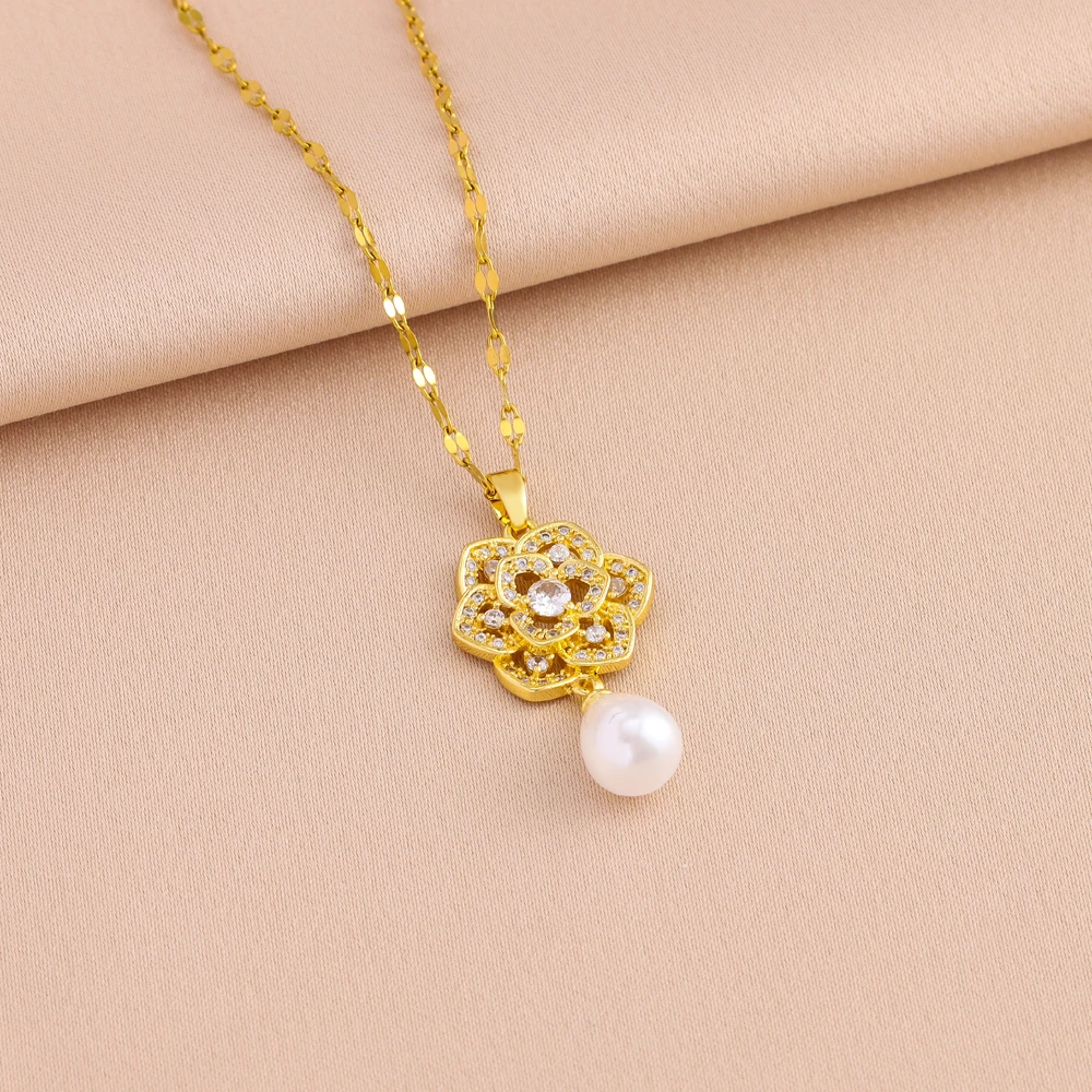 New In Luxury Retro Zircon Flower Pearl Necklaces Earrings For Women Trendy 18K Gold Plated Female Stainless Steel Jewelry Set