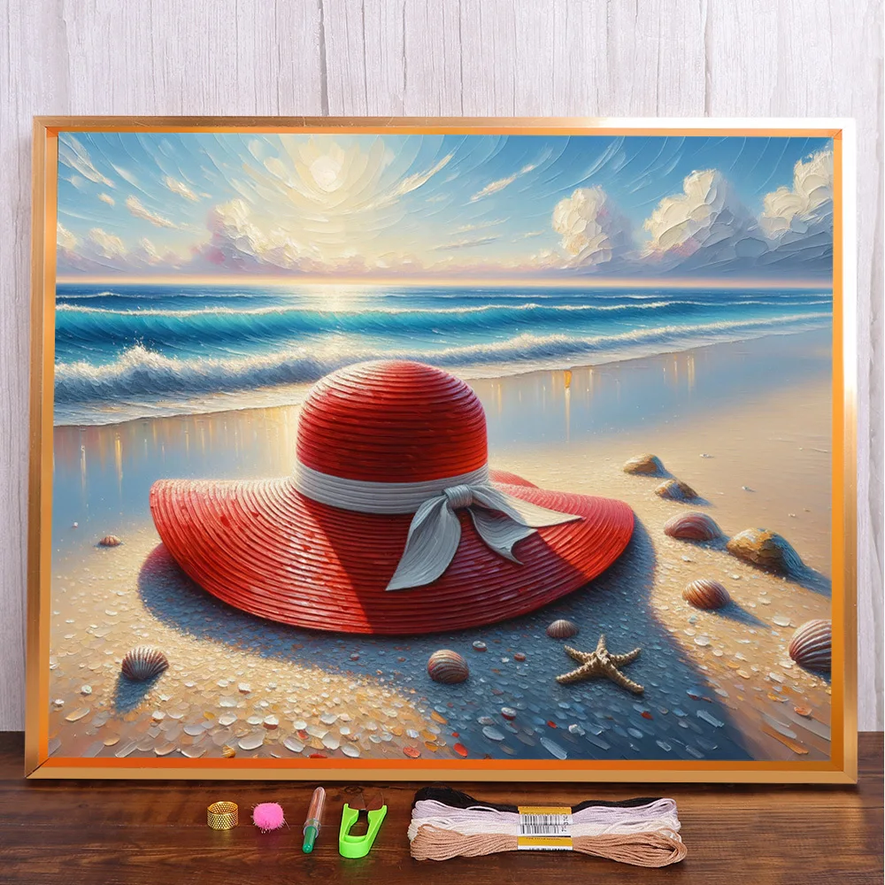 Scenery Seaside Hat Printed Fabric Cross-Stitch Complete Kit Embroidery Craft Sewing Knitting Handiwork Floss Stamped Package