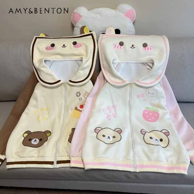 

Cute Bear Ears Cartoon Print Hooded Jacket Pants Two Piece Set Women Japanese Sweet Daily Versatile Casual Kawaii Sets Students