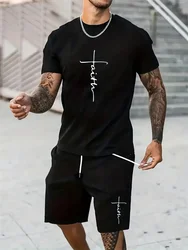 Mens T Shirt Shorts Set Fashion Mens Cross Printed Short Sleeve Two Pieces Oversized Outdoor Beach Sports Men's Plus Size Suit