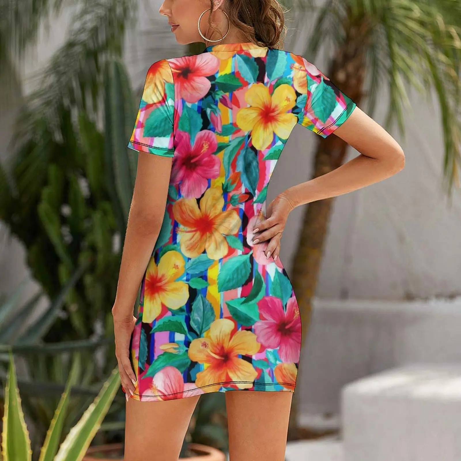 OTT Maximalist Hawaiian Hibiscus Floral with Stripes Short-Sleeved Dress Summer dresses for women Dress