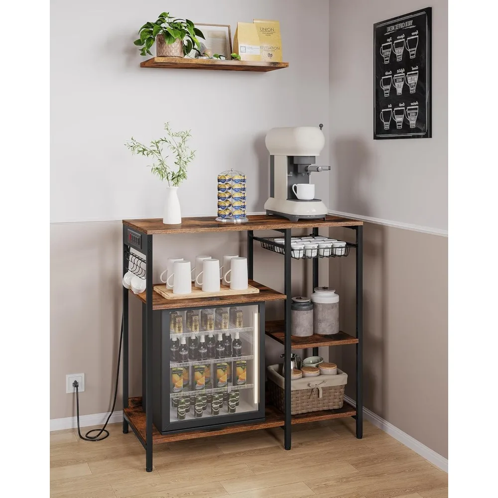 

Baker's Rack, Coffee Bar Stand with Charging Station, Storage Shelves, Pull-Out Wire Basket, Table for Microwave, Kitchen