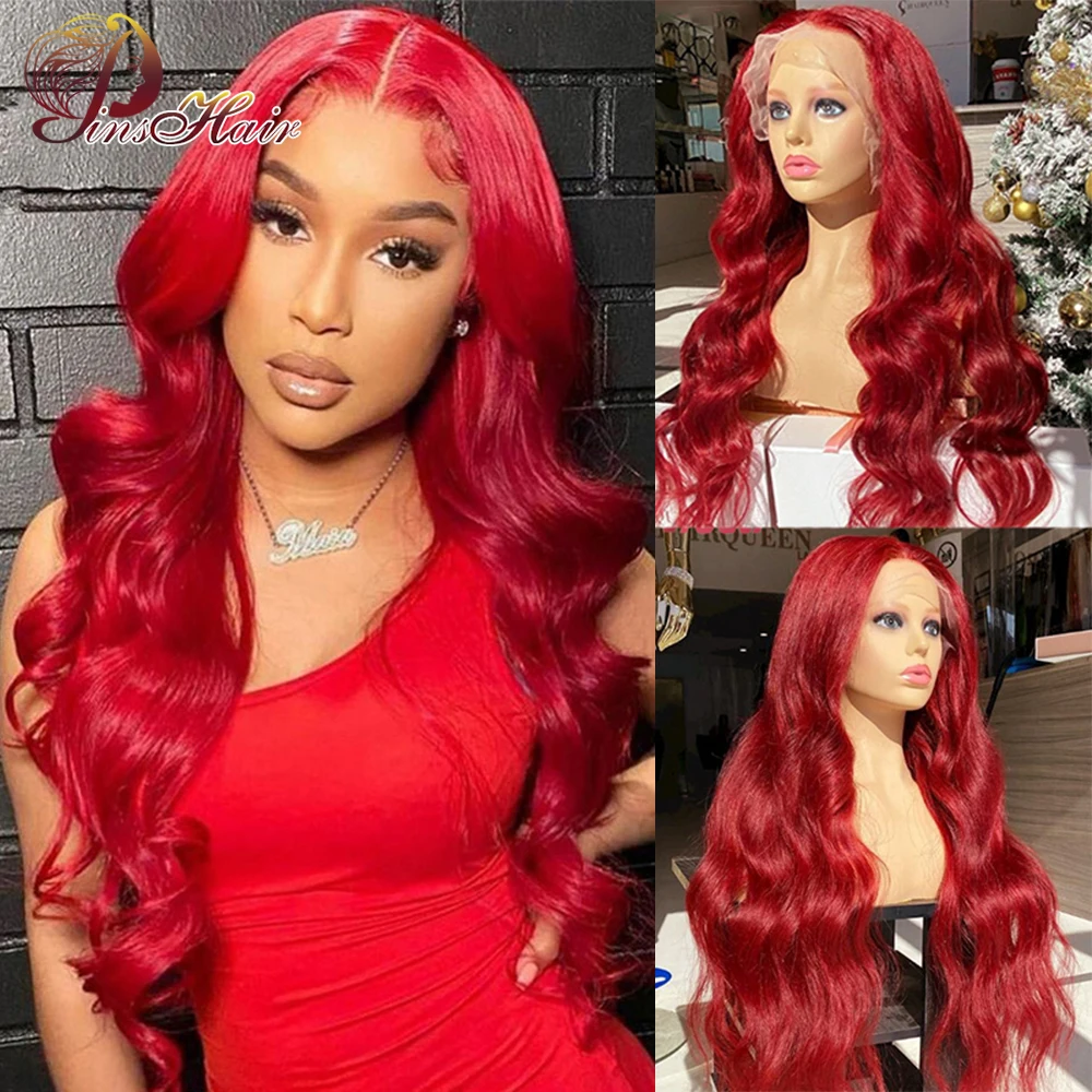 

Hot Red 13x4 Lace Front Human Wigs PrePlucked Body Wave Transparent Lace Front Wig Remy Human Hair For Women With Baby Hair 180%