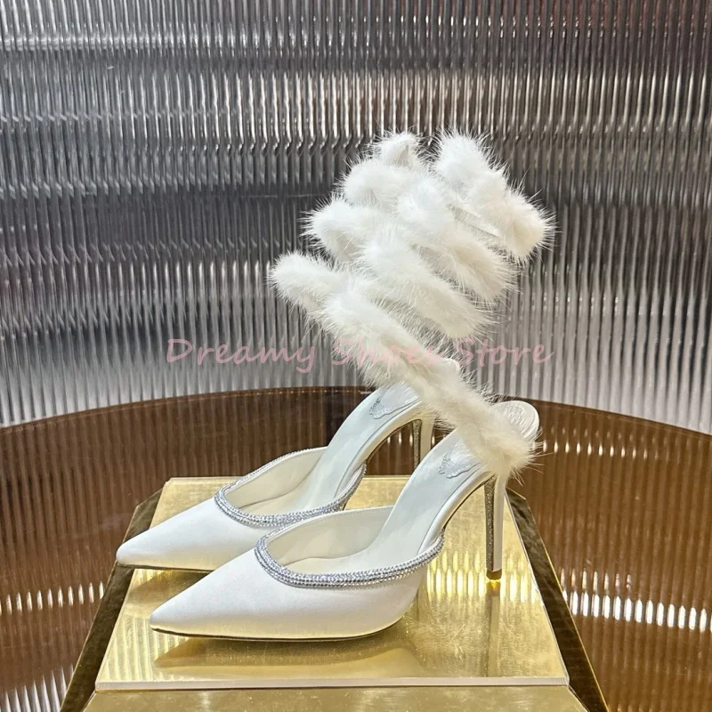 

White Rhinestone Fuzzy Snake Twine Stiletto Sandals Women Hollow Slingback Pointed High Heels Luxury Elegant Party Dress Shoes
