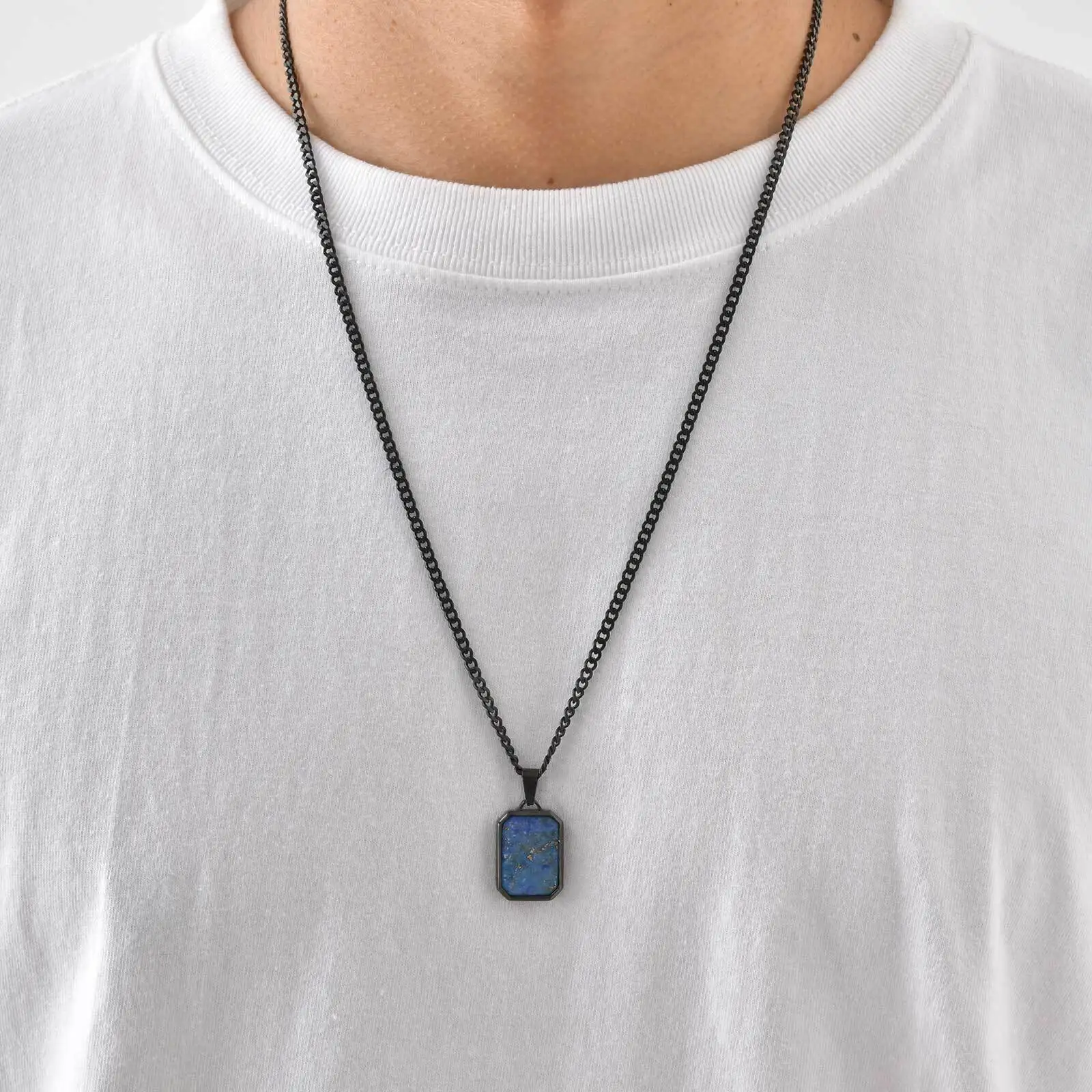 قلادة Vnox مستطيلة من الحجر الأزرق للرجال، إكسسوار مجوهرات كاجوال من الفولاذ المقاوم للصدأ هدية الذكرى السنوية لعيد الأب جديد