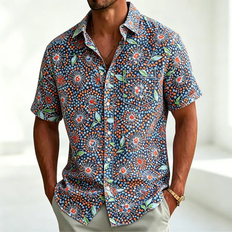 Men's Romantic Print Design Fashionable Short Sleeved Shirt Summer Vacation Top, Elegant and Atmospheric