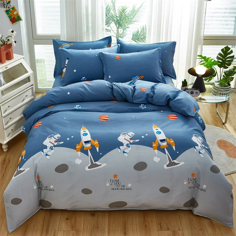 Cartoon Astronaut Duvet Cover Twin King Cotton Space Explorer Theme Bedding Set Star Rocket Print Quilt Cover With 2 Pillow Sham