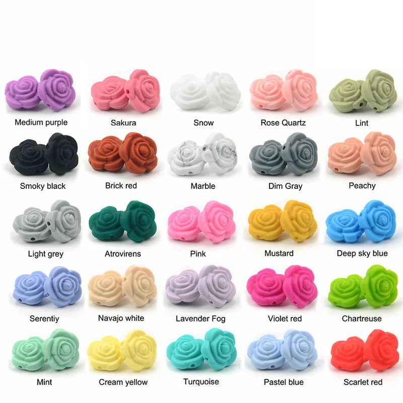 LOFCA 10pcs Double Face Silicone Flower Beads Rose Teething Charm Teether Baby Chewing HOT sale Necklace Soft Chewable Gift Toy