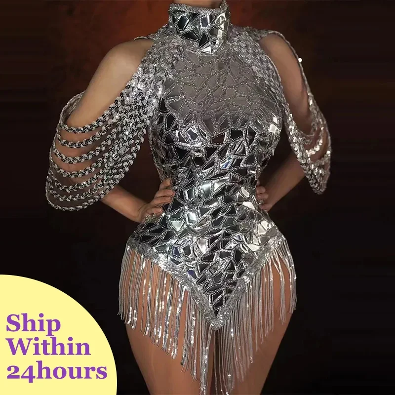 

Sexy Backless Mirror Sequins Dress Nightclub Gogo Dancer Stage Costume Rave Outfit Festival Clothing Drag Queen Clothes VDB5315