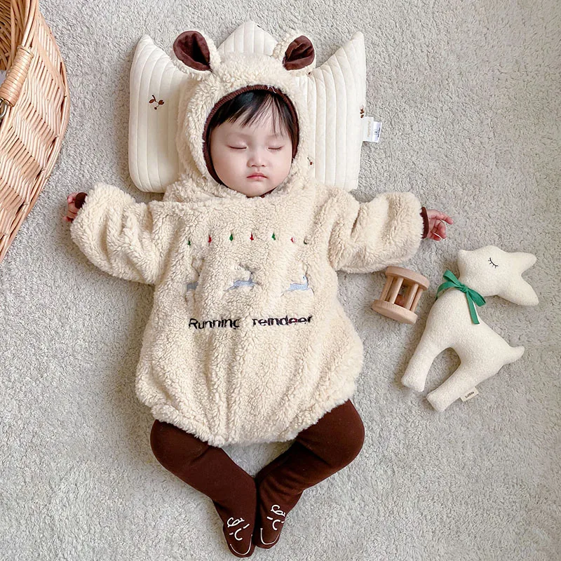 MILANCEL Autumn/Winter Baby Clothes 0-24M Christmas Infant Boys Fleece Bodysuit Toddler Girls Embroidered Deer Hooded One Piece