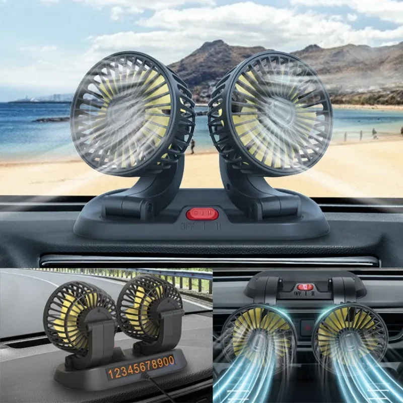 

Car Fan USB/12V/24V Double-head Adjustable 360° Car Electric Fan Silent 2-speed Multi-functional Temporary Parking Card Car Fan