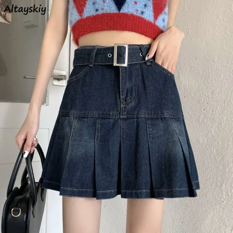 

Denim Pleated Mini Skirts Women Hotsweet Vintage Ins Preppy Style Korean Fashion Streetwear College Girls Summer Faldas Mujer