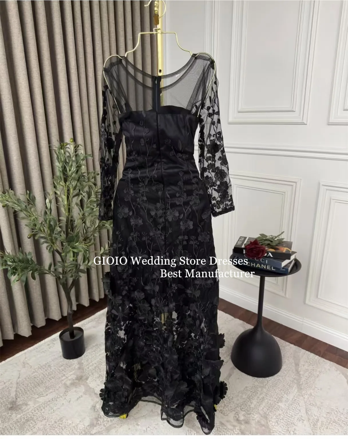 فستان سهرة GIOIO أنيق برقبة مربعة وأكمام طويلة من الساتان الشبكي ثلاثي الأبعاد مزين بالزهور على شكل حرف A بطول الأرض للحفلات حسب الطلب