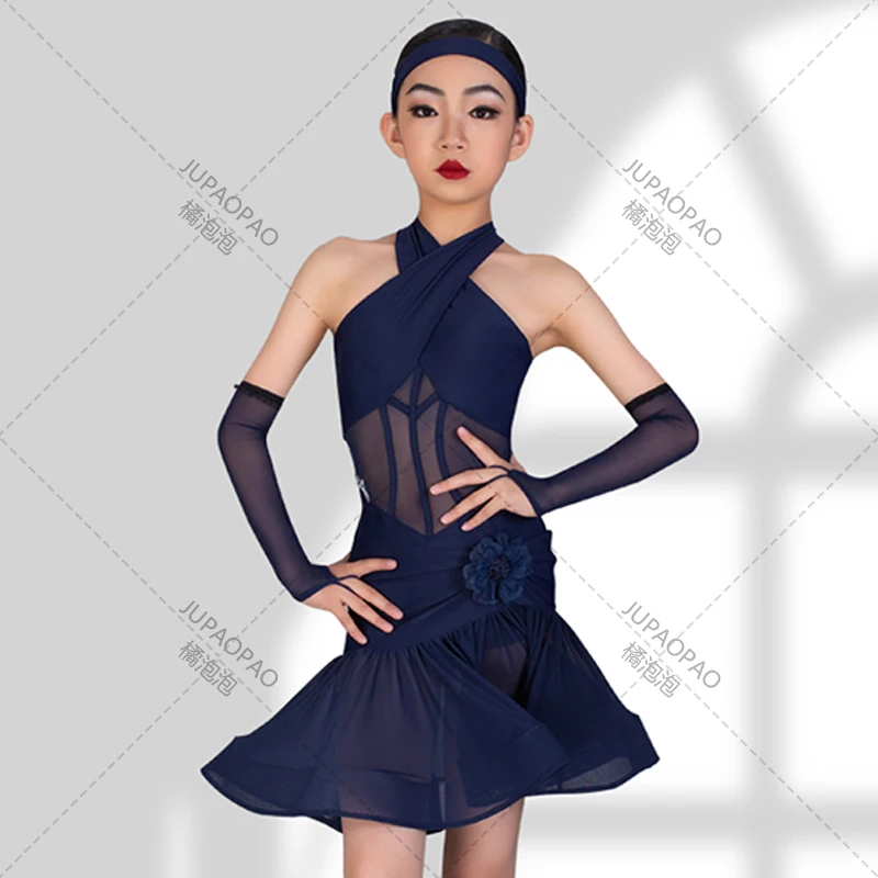 Kids Latin Dance Dress Girls Competition Clothing Halter Neck Mesh Dress Rumba Ballroom Dance Performance Dress Black