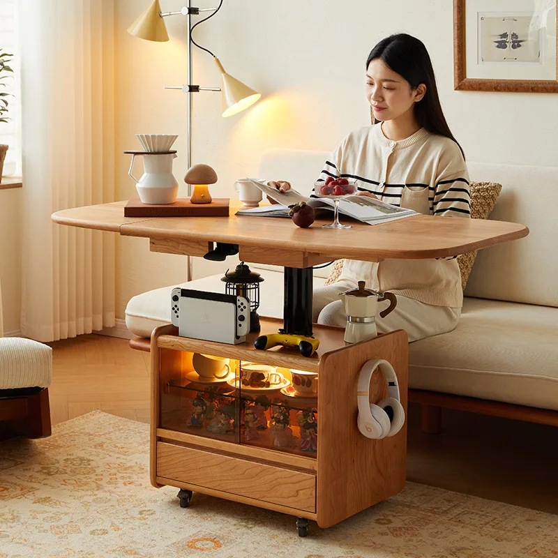 

Solid wood tea table, lifting coffee table dining table, dual-purpose folding retractable cherry wood movable coffee table cart