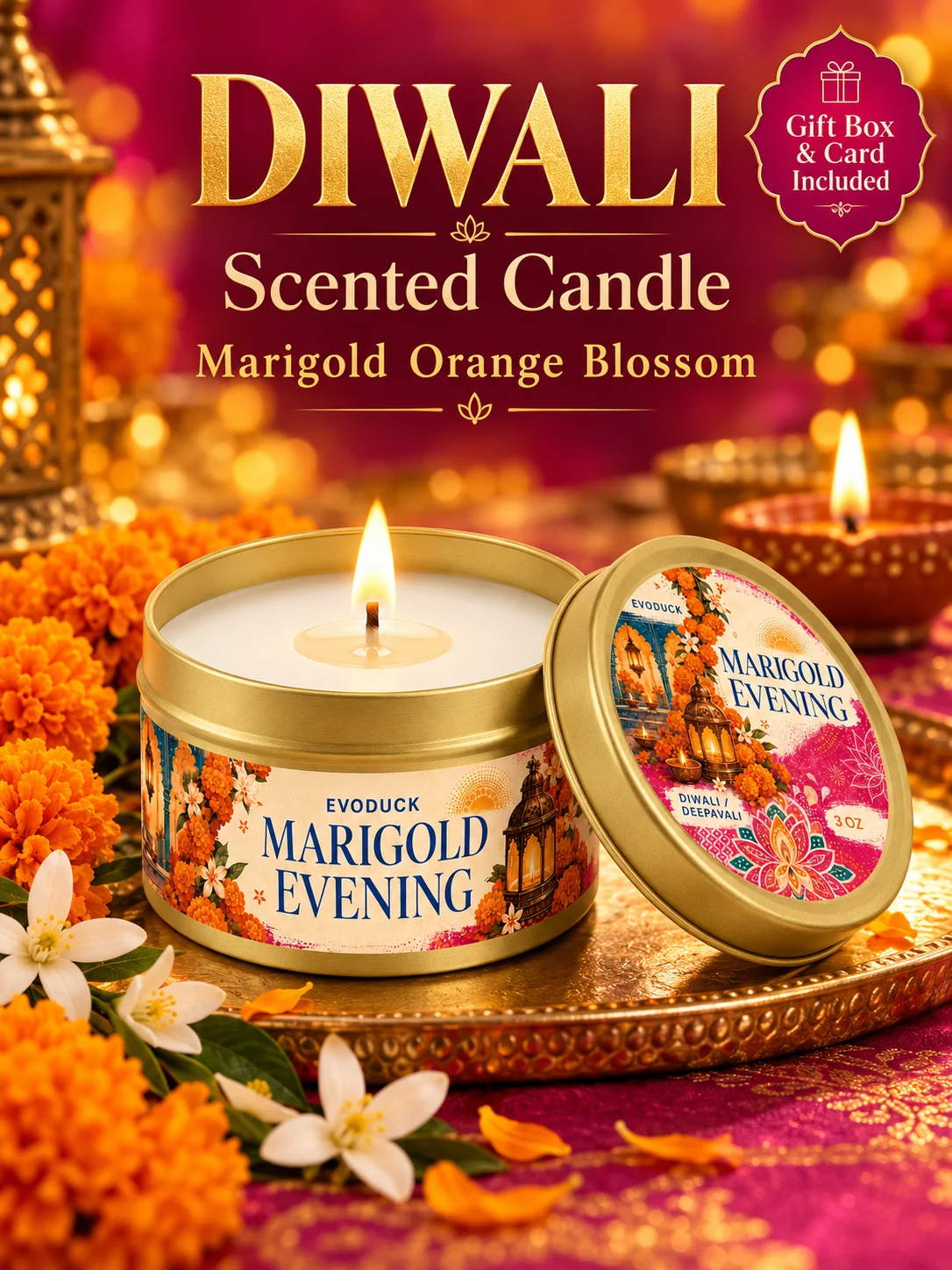 Diwali Puja Candles Saffron Cardamom Sandalwood Scented Tin Candle 4 Pcs Set Rangoli Night Deepavali Prayer Aromatherapy Home Gi