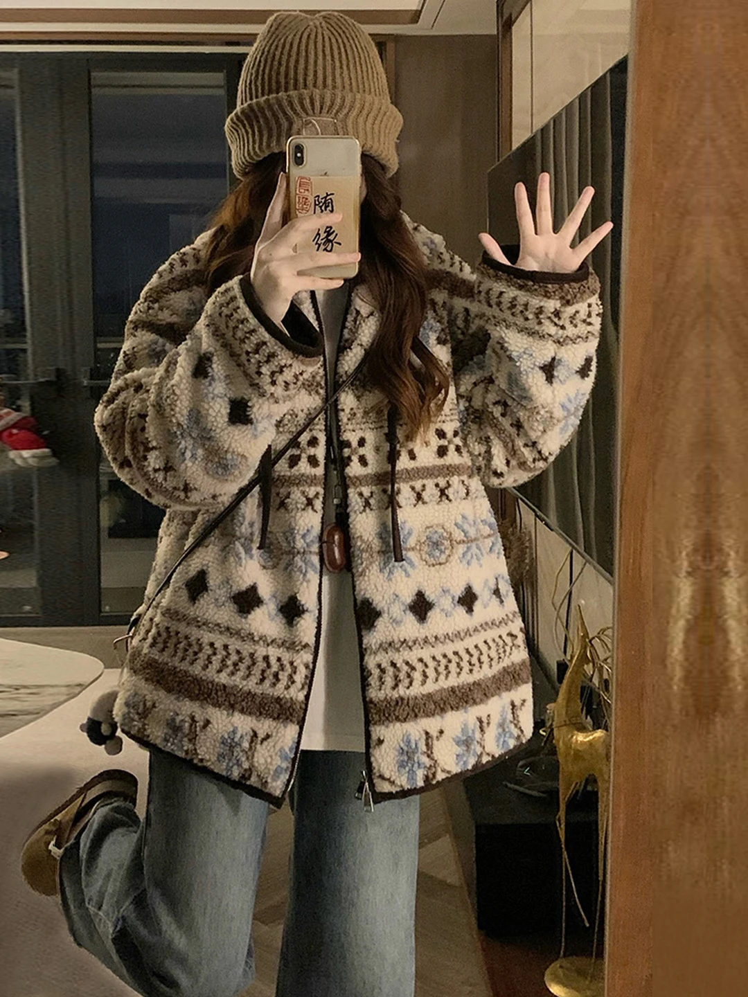 

Зимнее пальто больших размеров, женское пальто с принтом Fair Isle, этническое пальто с мехом ягненка, корейское пальто, свободная посадка, повседневная одежда