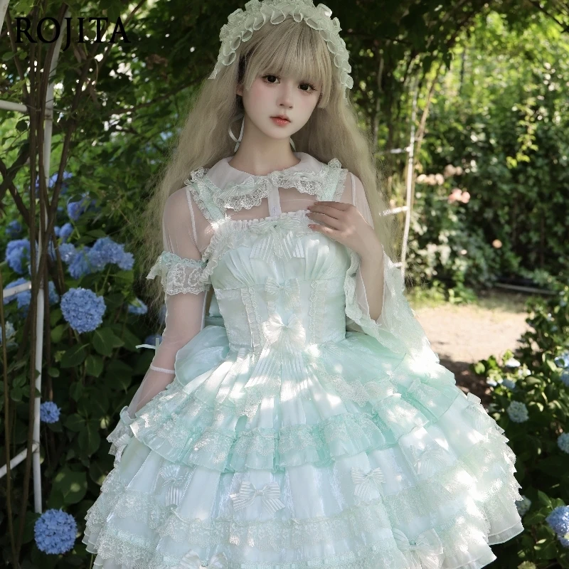 

Платье Лолиты 2022, весна-лето, новое пышное платье для женщин JSK + внутренняя рубашка + бант с хвостом + украшение на шею, полные комплекты