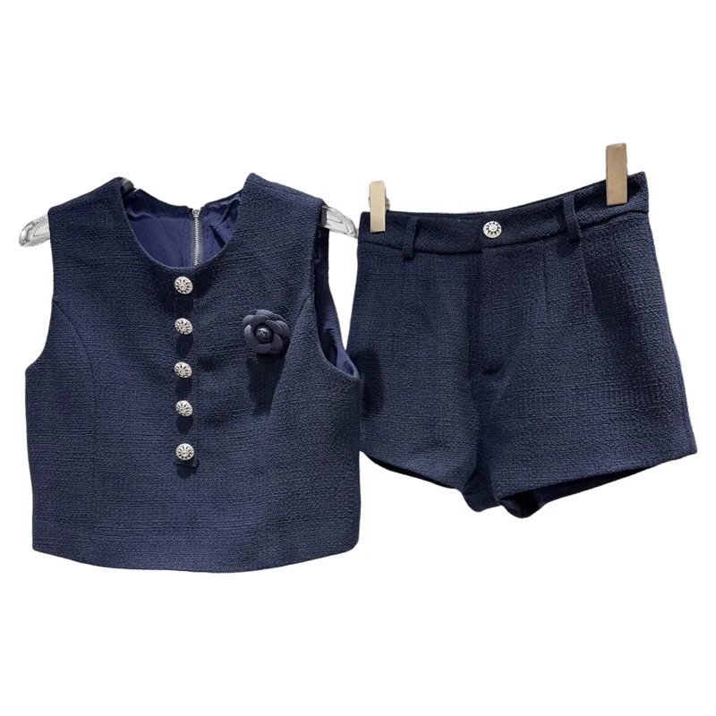 

Faionable Tea Rose Pin Vest Top Woolen ort Set Women's French Sle round Ne Buttoned ort Sve Outfit for Autumn