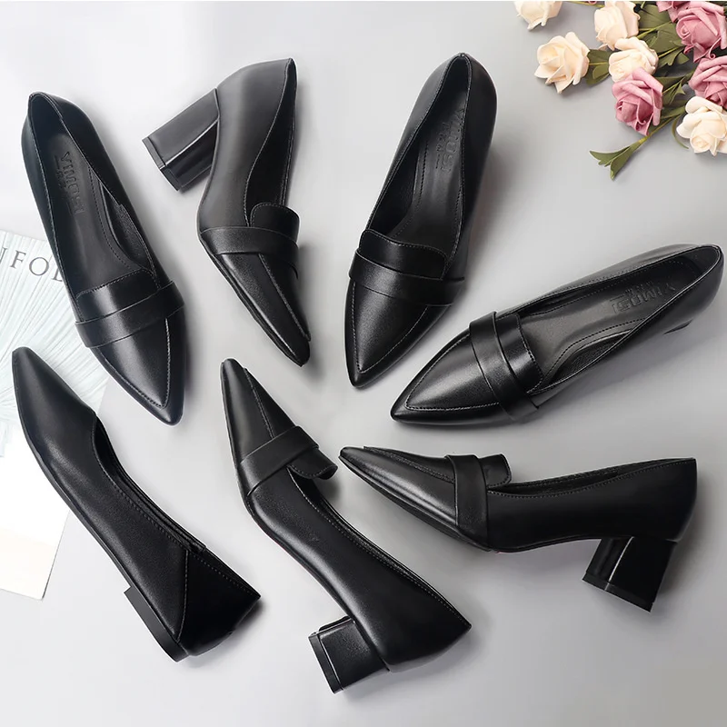 Fashion Women Elegant Simple Black Pumps Soft Sole Square High Heels Pointed Toe Sewing Slip On Office Work Comfortable Shoes