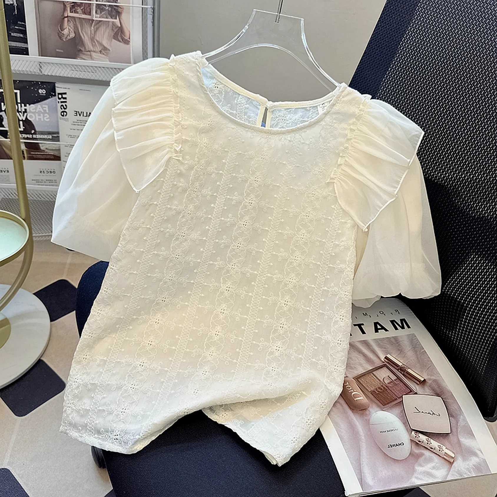 

Summer Short Sleeve Chiffon Shirt Women's Fashion Sweet Style Splice Tagless Blouse Floral Lace Hemline Casual Coat