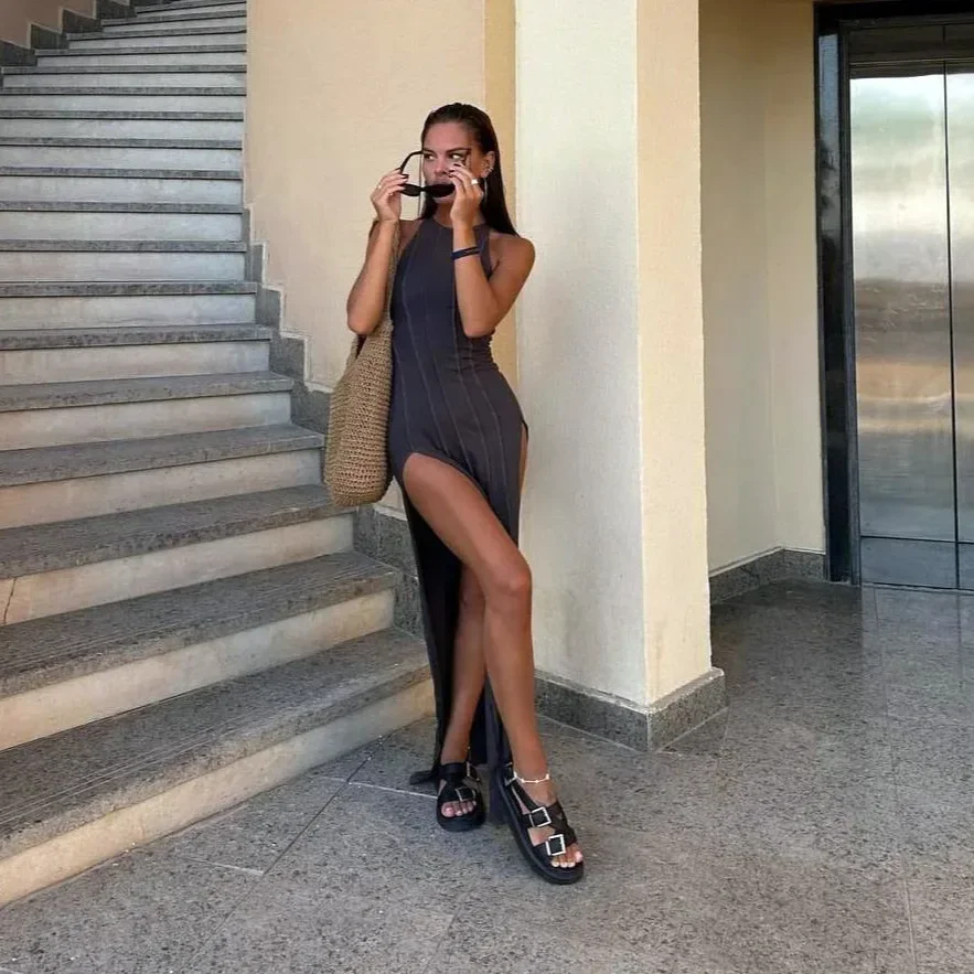 Vestido Sexy VestDress a rayas con doble abertura, vestido largo ajustado sin mangas de cintura alta para mujer, vestido informal de playa para mujer de verano