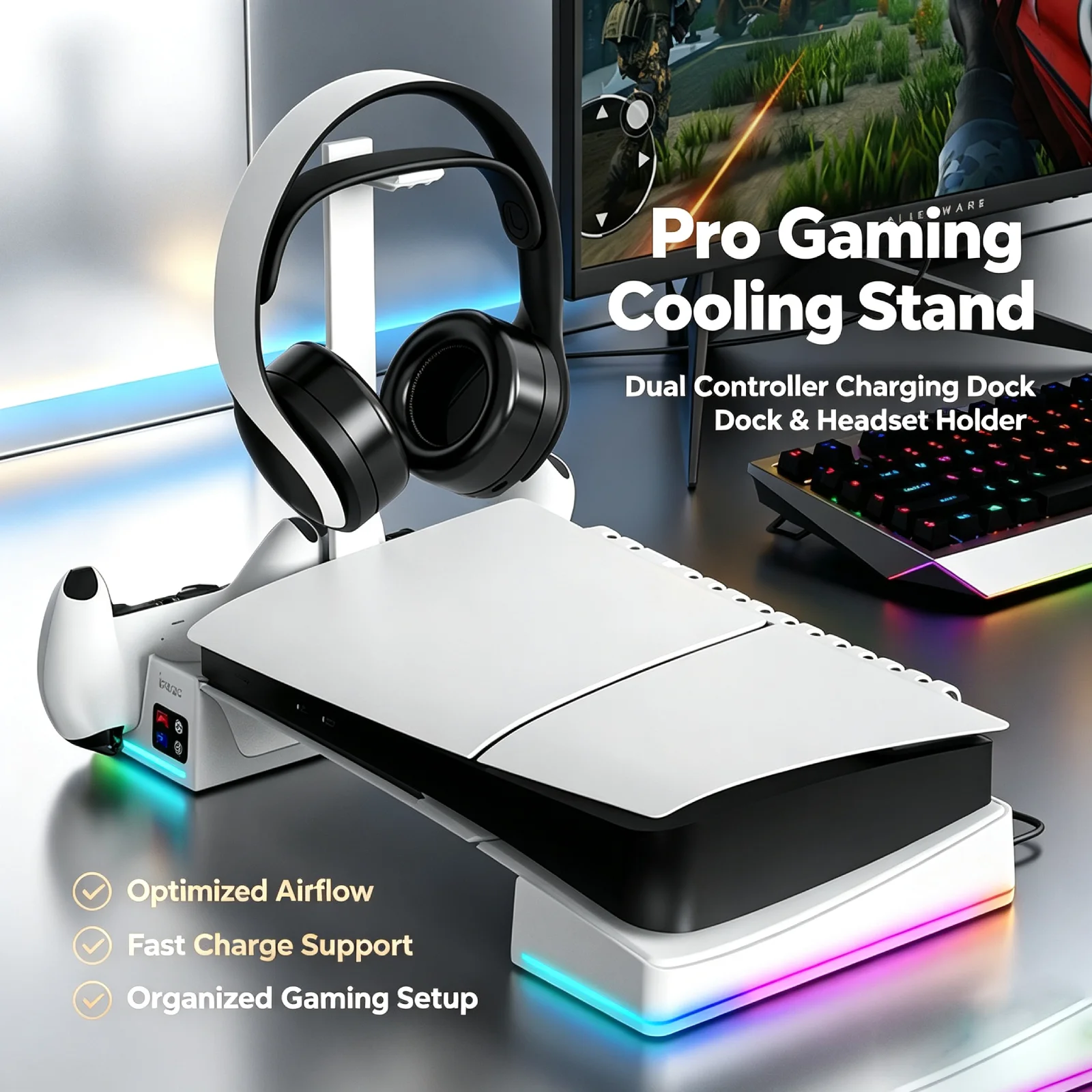 Multifunctional Cooling Stand for PS5 Slim Pro Dual Controller Charging Dock Elite Controller Holder Headset Stand