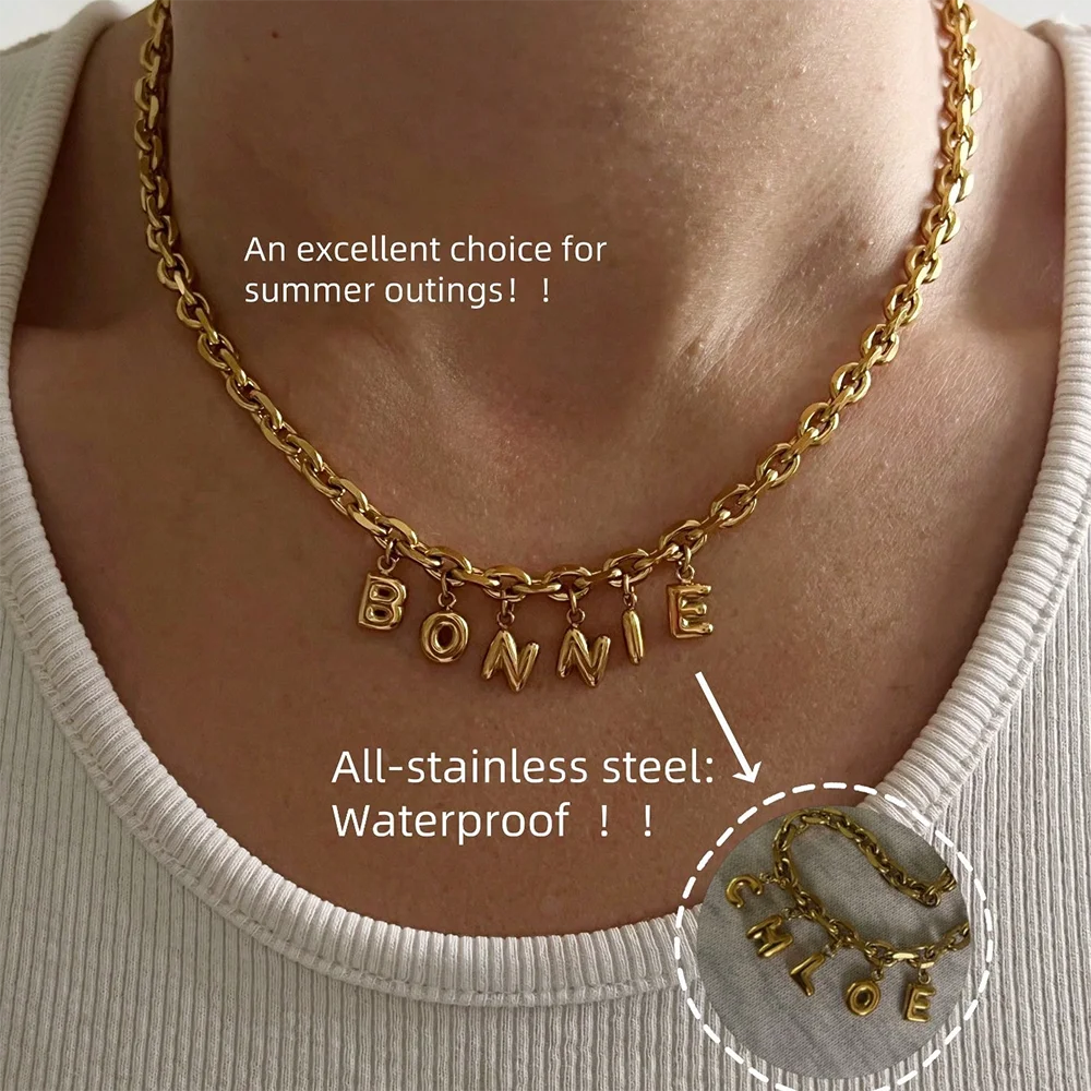 Personalisierte 3D-Bubble-Namenskette mit dicker Kette für Damen, Edelstahl-Initialen-Anhänger, Namensschild, neuer personalisierter Schmuck, Mama-Geschenke