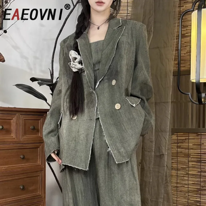 

EAEOVNI Vintage Design Women's Jacket Green Notched Collar Double Button Long Sleeve Blazer Coat Streetwear 2025 Autumn New