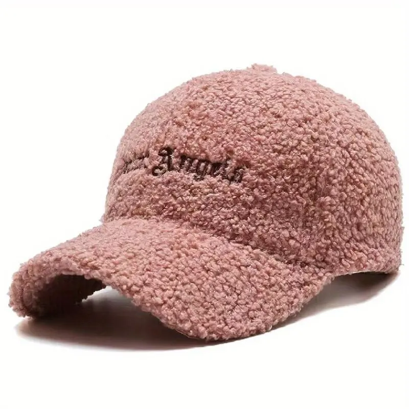 Solid Color Lamb Wool Duckbill Cap for Warmth Letter Embroidery Baseball Cap Teddy Plush Street Fashion Versatile Hip-hop Cap