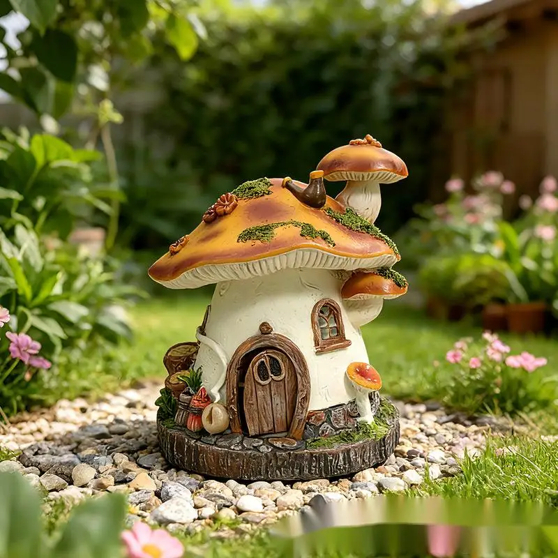 Fairy Tale Mushroom House Resin Statue Outdoor Garden Lawn Light Waterproof Mini House Rockery Landscape Decor Gift