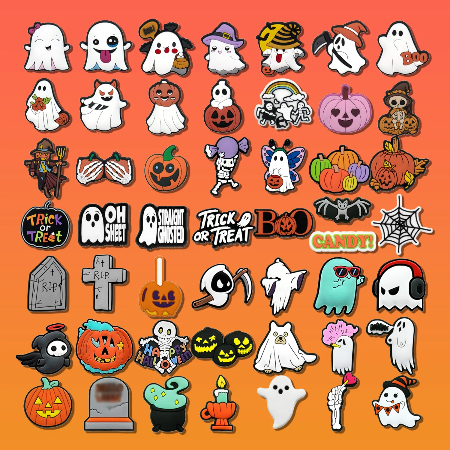 

50pcs PVC Halloween Shoe Charms Funny Cute Ghost Bat Shoe Decorations Gifts Pumpkin Sandals Accessories Clog Pin for Kids Gift