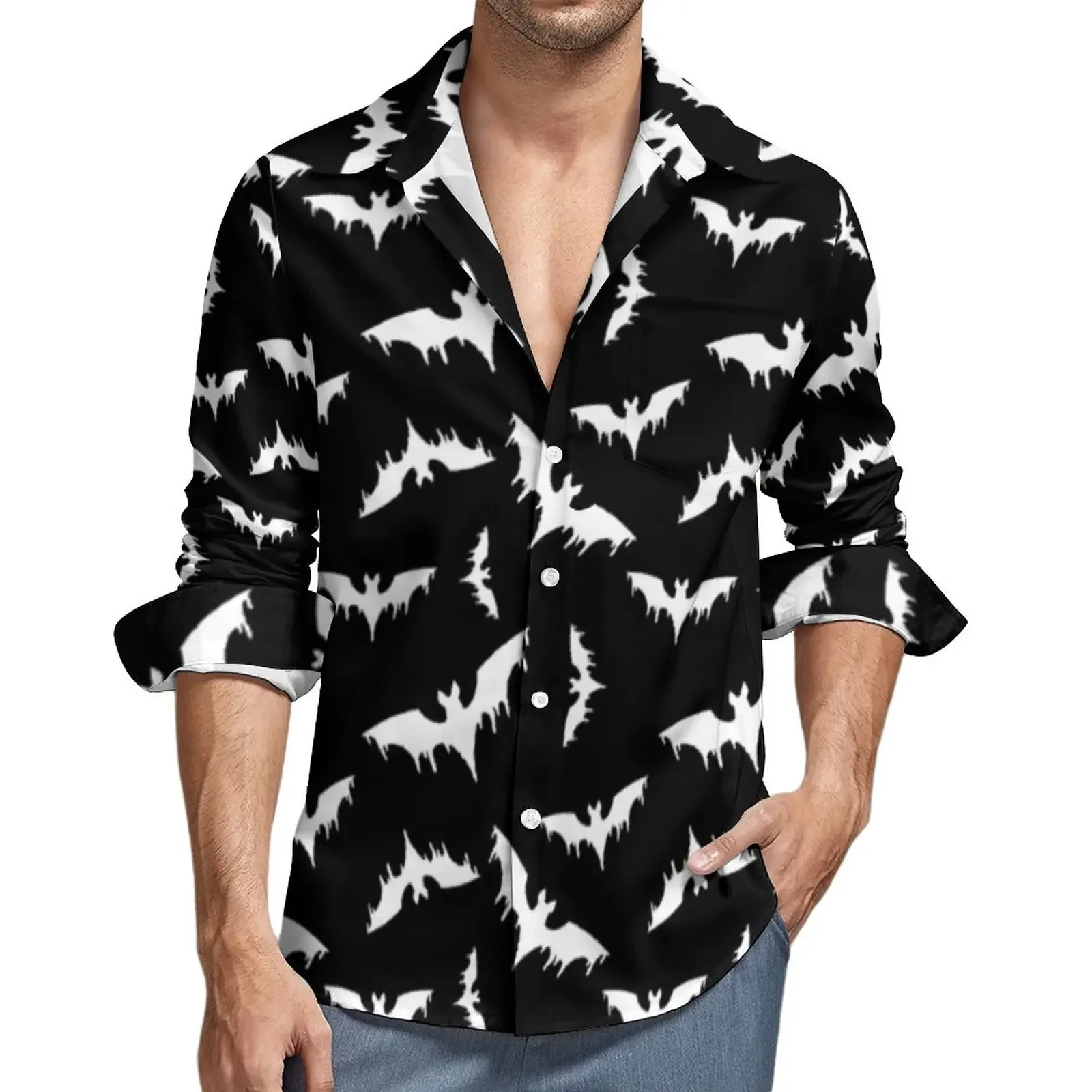 Retro branco morcegos impressão 3d camisa masculina engraçado animal lapela camisas casuais outono blusas gráficas manga longa roupas de grandes dimensões topos