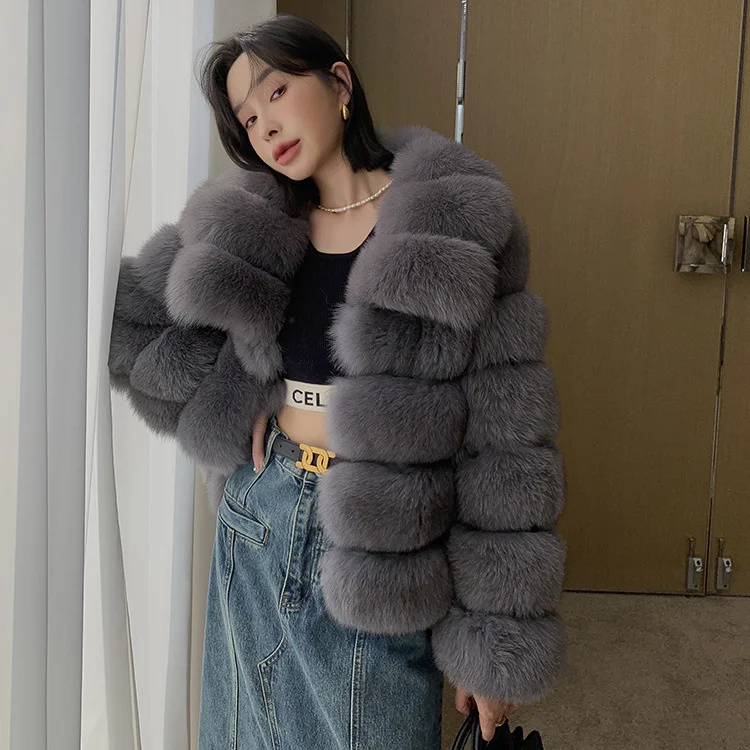 2023 Winter New High Quality Fox Fur Coat Women's Fashion Design Solid Color Short Lapel Thickening Natural Real Fur Jacket