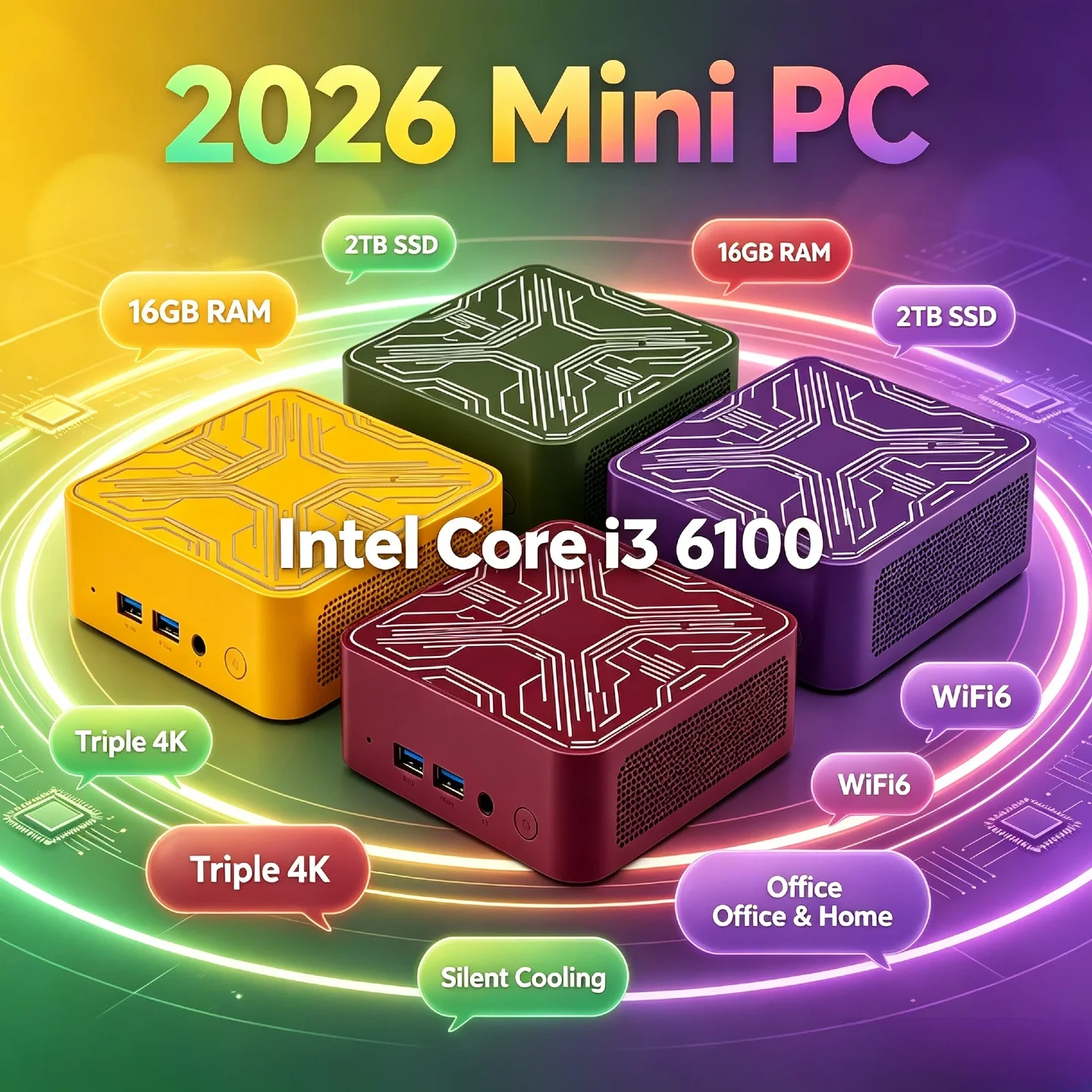 Core i3 6100 Intel Mini PC 16GB RAM 2TB M.2 NVMe SSD Triple 4K Display WiFi6 BT5.2 High Performance Home Office Pro