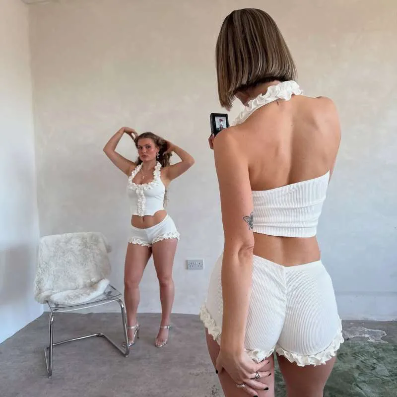 Combhasaki Women Summer 2Pcs Outfits Set Ruffle Frill Trim Halter Deep Square Neck Crop Top +Elastic Low Waist Slim Lifty Shorts