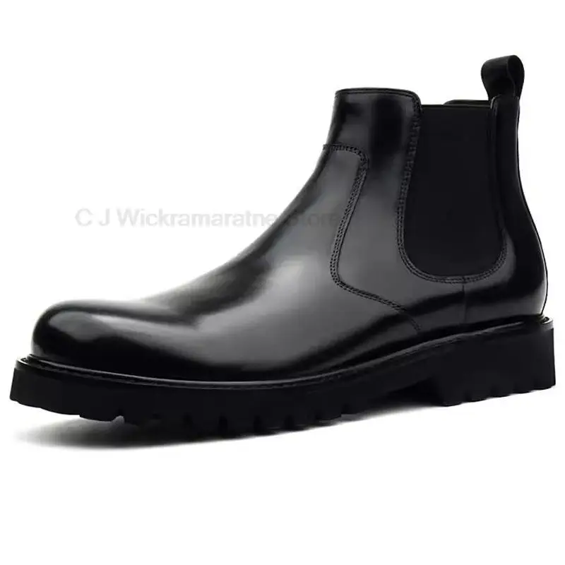 High Quality Men\'s Boots Genuine Leather Black Slip On Round Head Brogue Male Dress Shoes Wedding Luxury Chelsea Boots Men