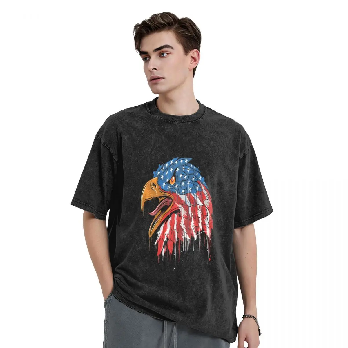 

US Flag Eagle Designed Vintage T Shirts for Men Graphic Novelty T-shirt Cotton Short Sleeve Crew Neck Top Tees Male Clothing