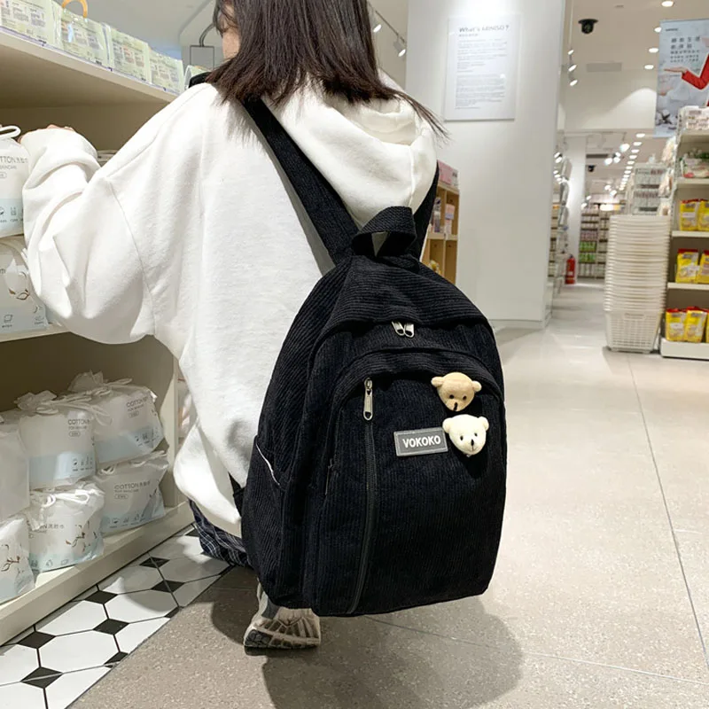 Mochila escolar bonita para adolescentes, bolso de pana a rayas para mujer, mochila Harajuku de algodón con cremallera, mochila de viaje Simple Kawaii, mochila suave sólida